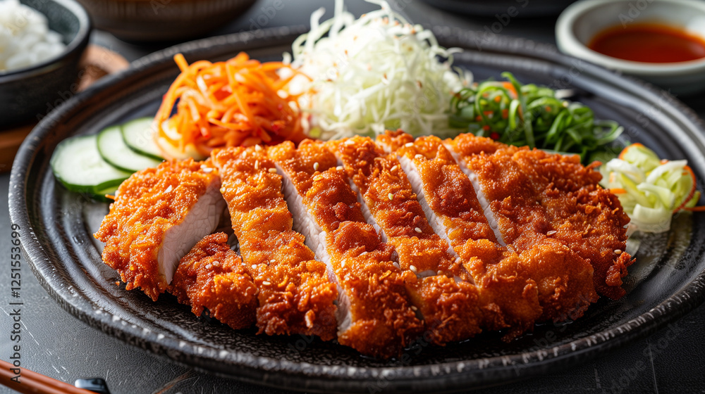 katsudon breaded pork cutlet japanese food close-up green salad side dish katsudon breaded pork cutlet japanese food close-up green salad side dish