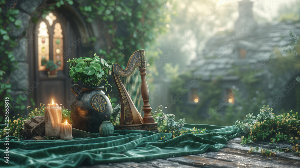 Obraz premium Celtic Harp and Candles in Mystical Garden Setting 