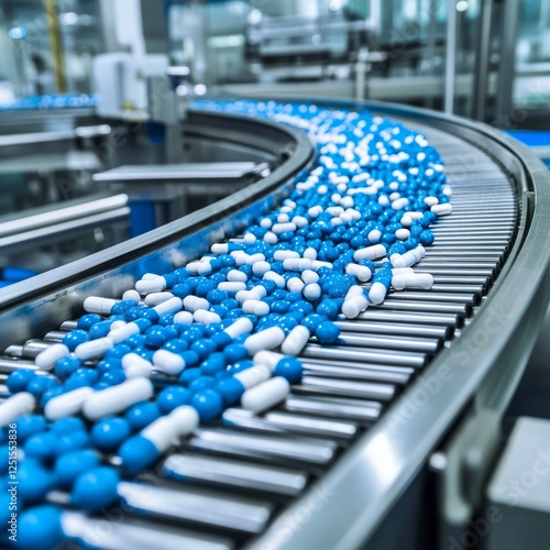 Pill production line features blue and white capsules moving along a conveyor belt in a manufacturing facility