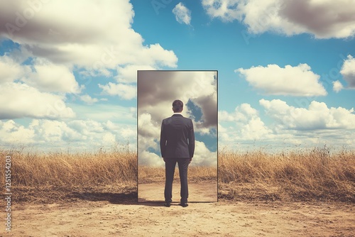 Conceptual Image of a Man and a Reflective Mirror