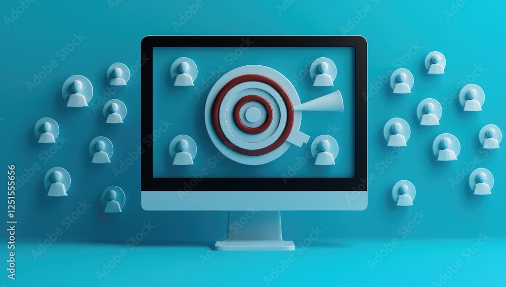 A computer monitor with target and megaphone icons on the screen, represent digital marketing activities like organic traffic or social media A computer monitor with target and megaphone icons on the screen, represent digital marketing activities like organic traffic or social media