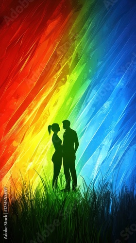 Abstract art, couple, vibrant colors, meadow, background image, romantic scene photo