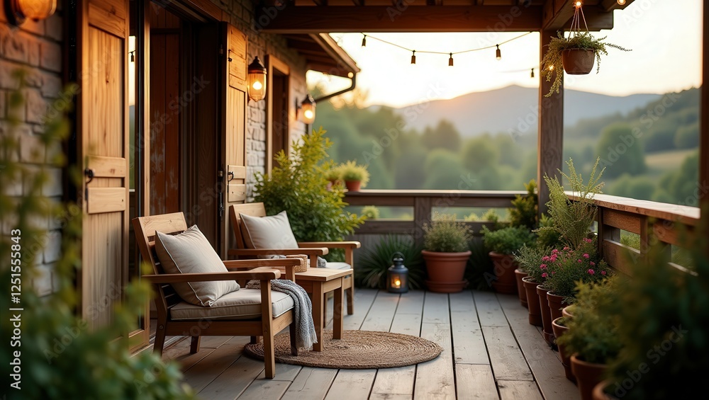 Fototapeta premium A rustic porch at sunset features wooden furniture with cushions, round table, potted plants, hanging lanterns, and string lights. Warm lighting and scenic view create a serene and inviting atmosphere