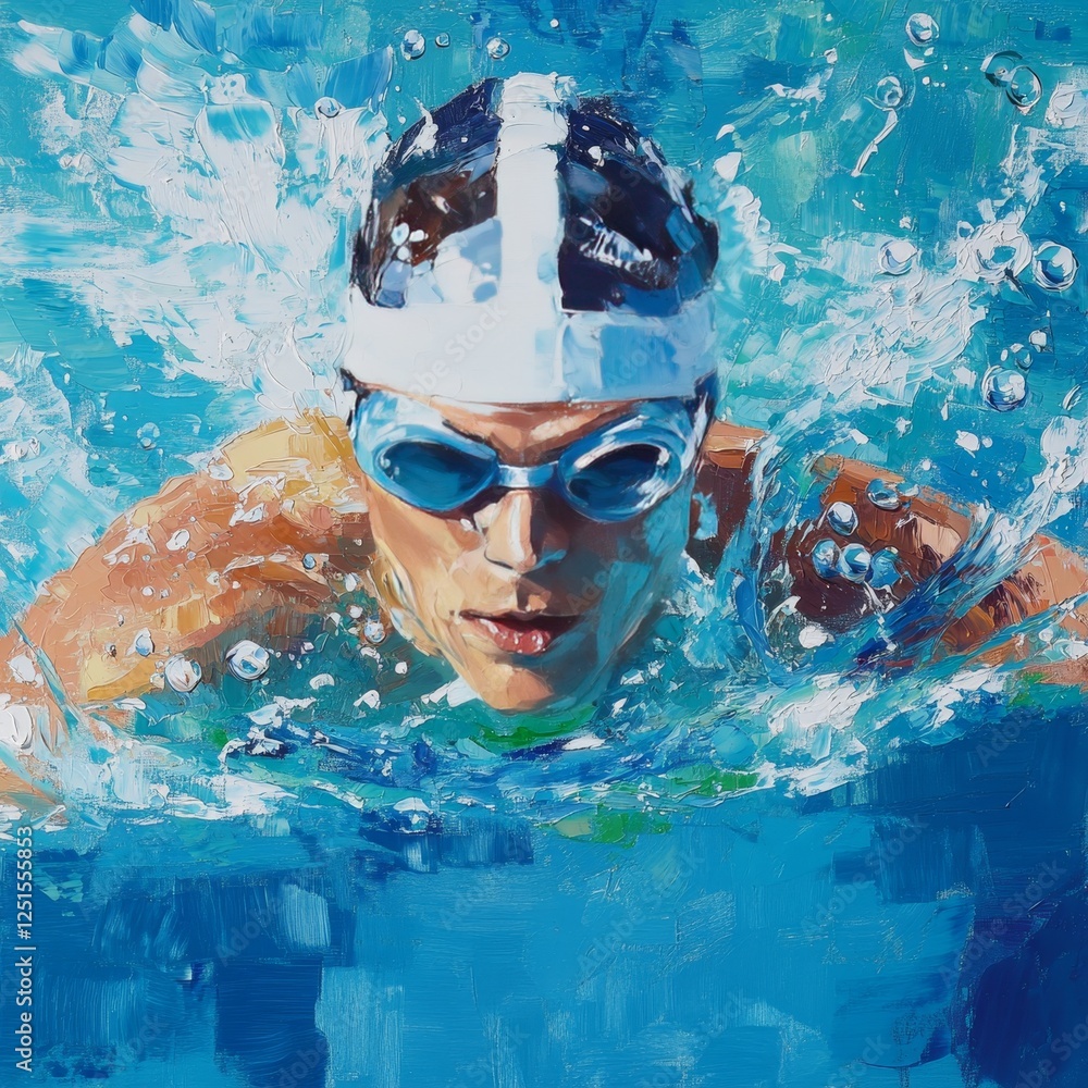 Naklejka premium Competitive swimmer training in a vibrant blue pool during a sunlit afternoon