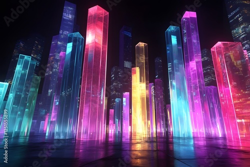 Futuristic Neon Glass Skyscrapers at Night