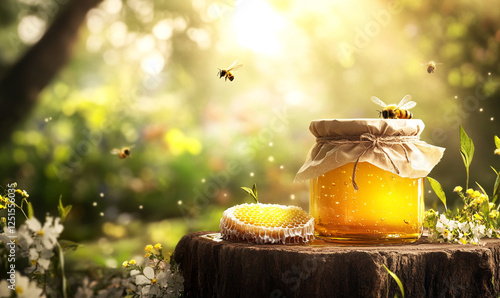 A golden honey jar surrounded by buzzing bees in a sunlit garden photo