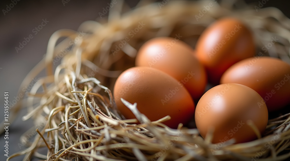 Brown eggs nestled in a rustic straw nest, showcasing their smooth texture and natural hues, evoking a sense of farm freshness and simplicity Brown eggs nestled in a rustic straw nest, showcasing their smooth texture and natural hues, evoking a sense of farm freshness and simplicity