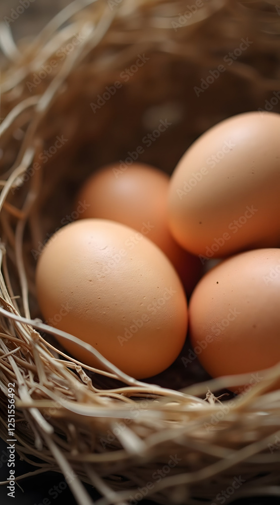 A nest made of straw holds several brown eggs, showcasing their smooth texture and natural colors, creating a rustic and tranquil atmosphere A nest made of straw holds several brown eggs, showcasing their smooth texture and natural colors, creating a rustic and tranquil atmosphere