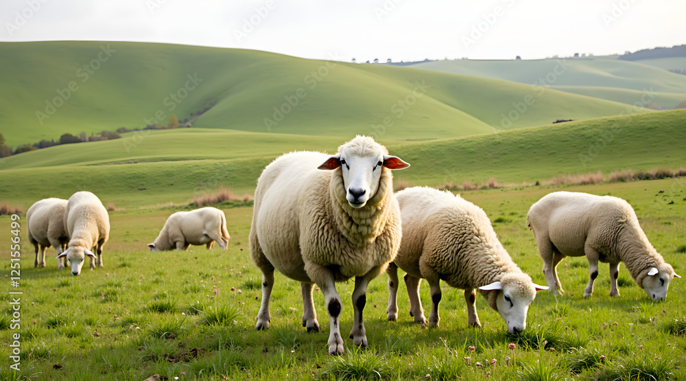Fototapeta premium A flock of sheep grazes peacefully in a lush green pasture surrounded by rolling hills under a soft overcast sky