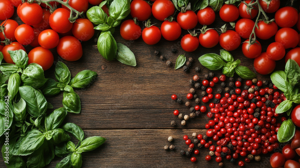 Fresh tomatoes and basil with colorful spices on wooden table Fresh tomatoes and basil with colorful spices on wooden table