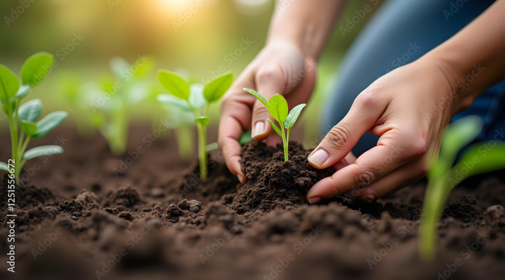 A person is planting young green seedlings in rich soil during daytime, showcasing a connection with nature and nurturing growth