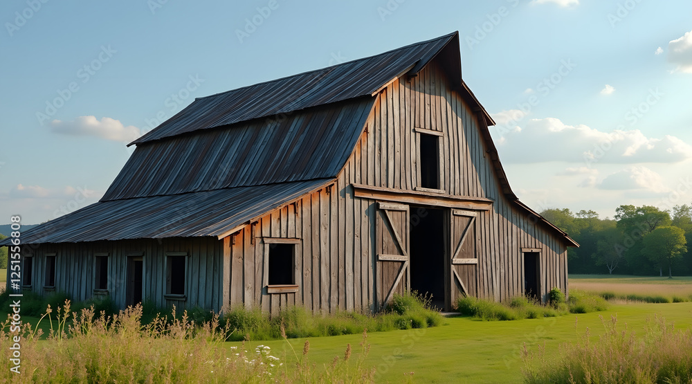 A rustic wooden barn stands amidst lush green grass under a clear blue sky, reflecting a serene countryside atmosphere, ideal for rural themes and nature settings A rustic wooden barn stands amidst lush green grass under a clear blue sky, reflecting a serene countryside atmosphere, ideal for rural themes and nature settings
