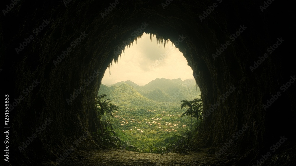 Obraz premium Cave Entrance View into Lush Valley with Small Village in Tropical Environment Landscape.