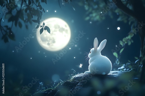 White Rabbit Gazing at a Mystical Full Moon