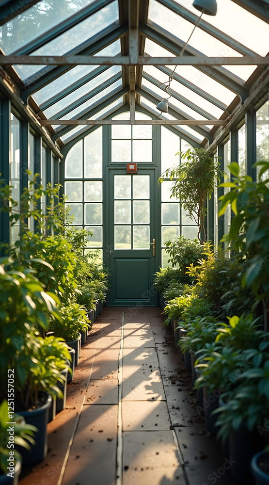 A serene greenhouse pathway bathed in soft sunlight features lush greenery in pots, creating a tranquil atmosphere for gardening enthusiasts A serene greenhouse pathway bathed in soft sunlight features lush greenery in pots, creating a tranquil atmosphere for gardening enthusiasts