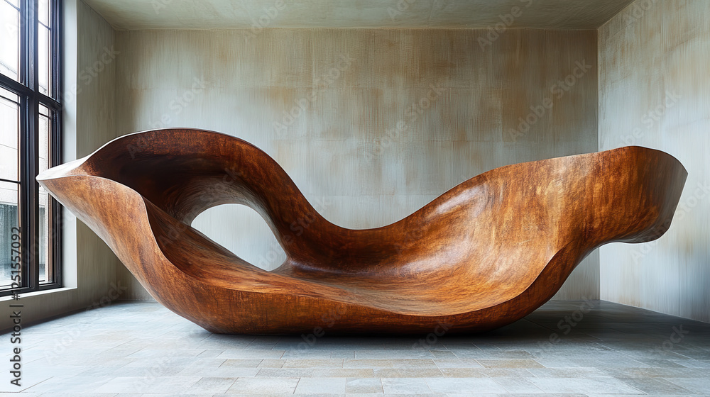 unique wooden sculpture with flowing curves and polished finish, creating artistic focal point in modern interior space unique wooden sculpture with flowing curves and polished finish, creating artistic focal point in modern interior space