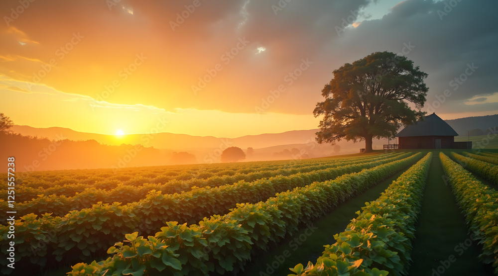 Fototapeta premium A tranquil landscape features vibrant green fields under a golden sunset, with a solitary tree and rustic barn on a hillside bathed in warm light