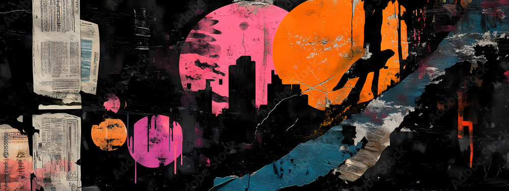 Obraz premium Dynamic Graffiti-Style Collage on Weathered Surface