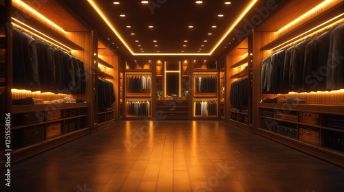 Luxurious walk-in closet, warm lighting, clothes, interior design, home d?cor photo