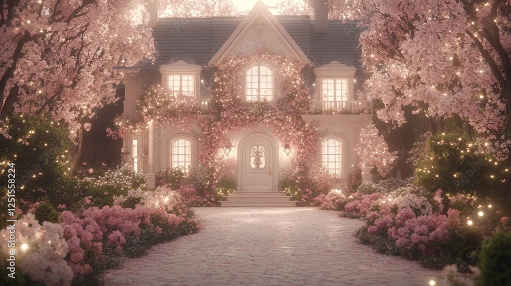 Fototapeta premium Charming House Covered in Flowers Illuminated at Twilight with a Stone Path in the Garden.
