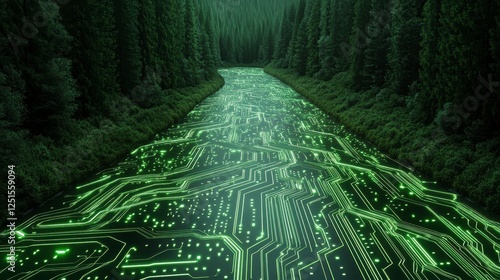 Glowing Green River in a Dark Forest at Night