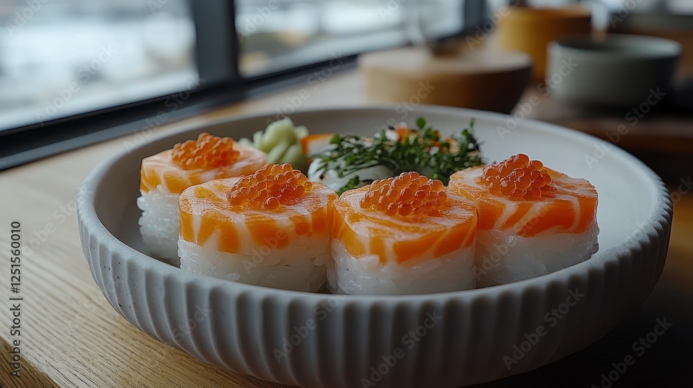 Salmon sushi lunch, restaurant, city view Salmon sushi lunch, restaurant, city view