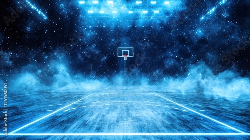 Neon basketball court, futuristic, smoky, night scene, photo manipulation, use for sports games background