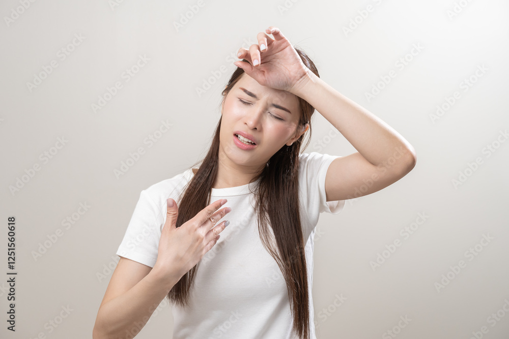Hot weather and health care concept asian young woman suffering from heat, feeling discomfort with sunstroke at summer, hand holding on face, female gesture fatigue wearing t-shirt in high temperature Hot weather and health care concept asian young woman suffering from heat, feeling discomfort with sunstroke at summer, hand holding on face, female gesture fatigue wearing t-shirt in high temperature