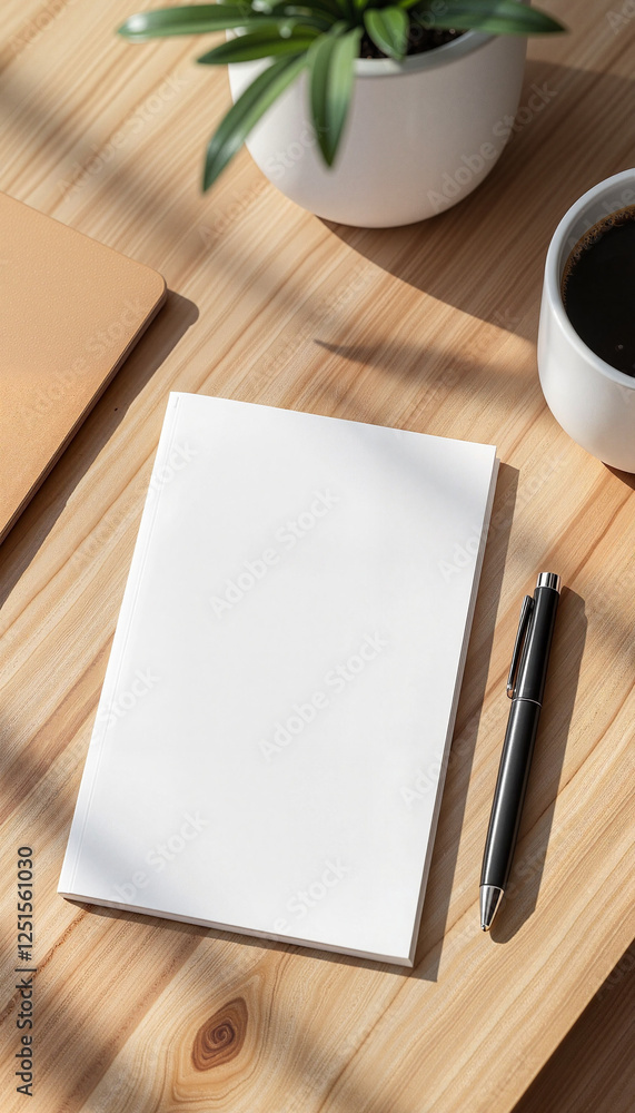 Blank notebook and pen on wooden table with coffee and plant Blank notebook and pen on wooden table with coffee and plant