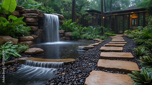 Tropical nature garden waterfall exotic composition high resolution hd picture