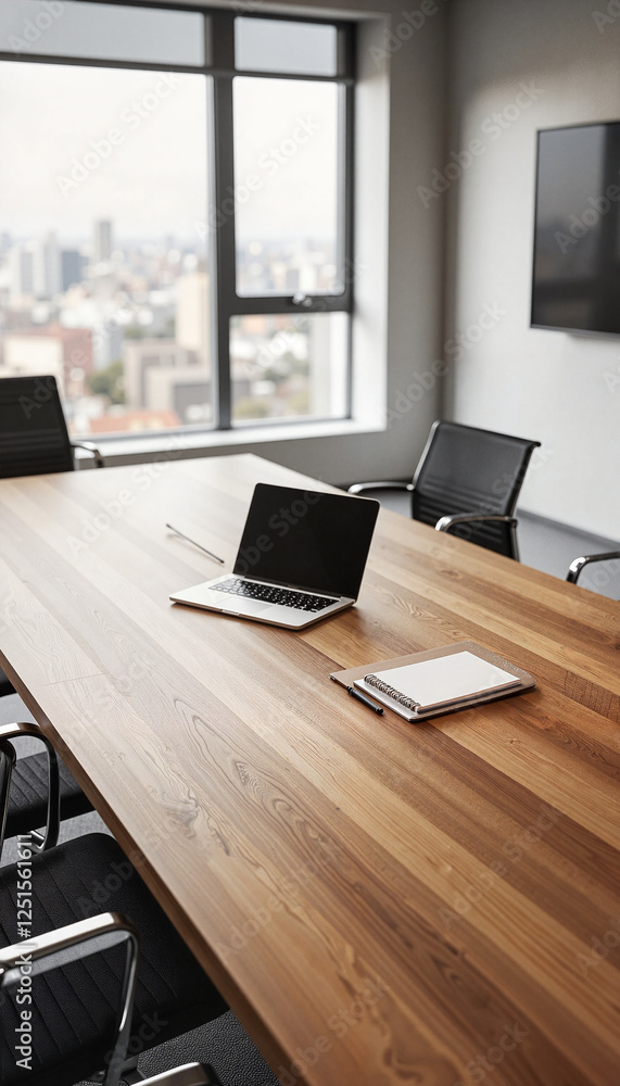 Conference Table Mockup with laptop and notepad in modern office