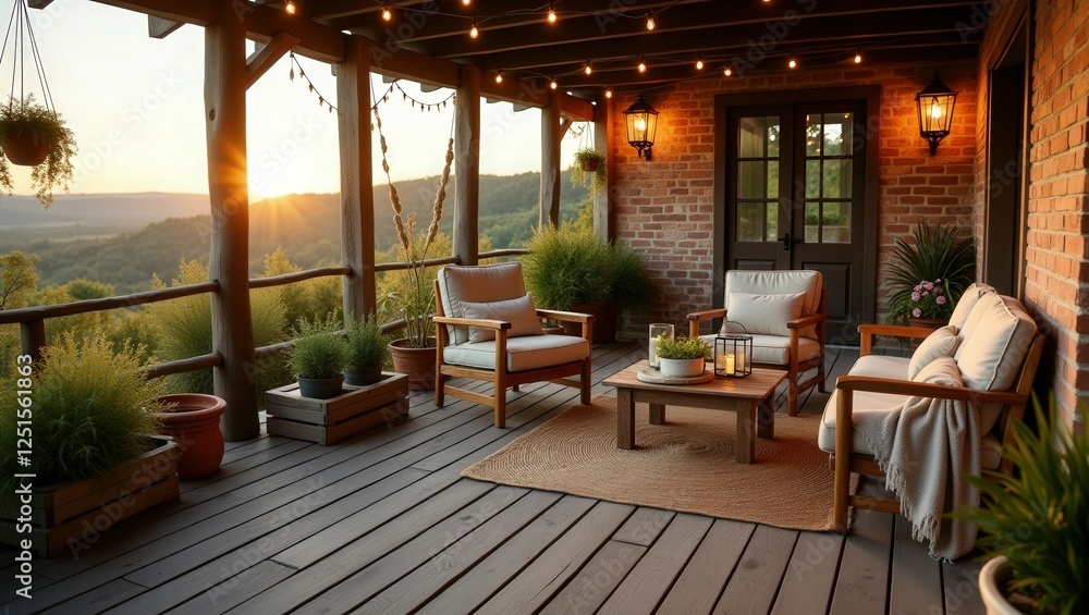 Fototapeta premium A rustic porch at sunset features wooden furniture with cushions, round table, potted plants, hanging lanterns, and string lights. Warm lighting and scenic view create a serene and inviting atmosphere