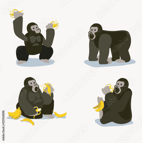 set gorilla ape  with bananas expression monkey animal cartoon flat cute africa jungle vector character isolated on white background