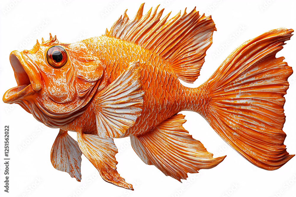 Fototapeta premium A vibrant orange fish with ornate fins and detailed scales, mouth agape in an animated pose.
