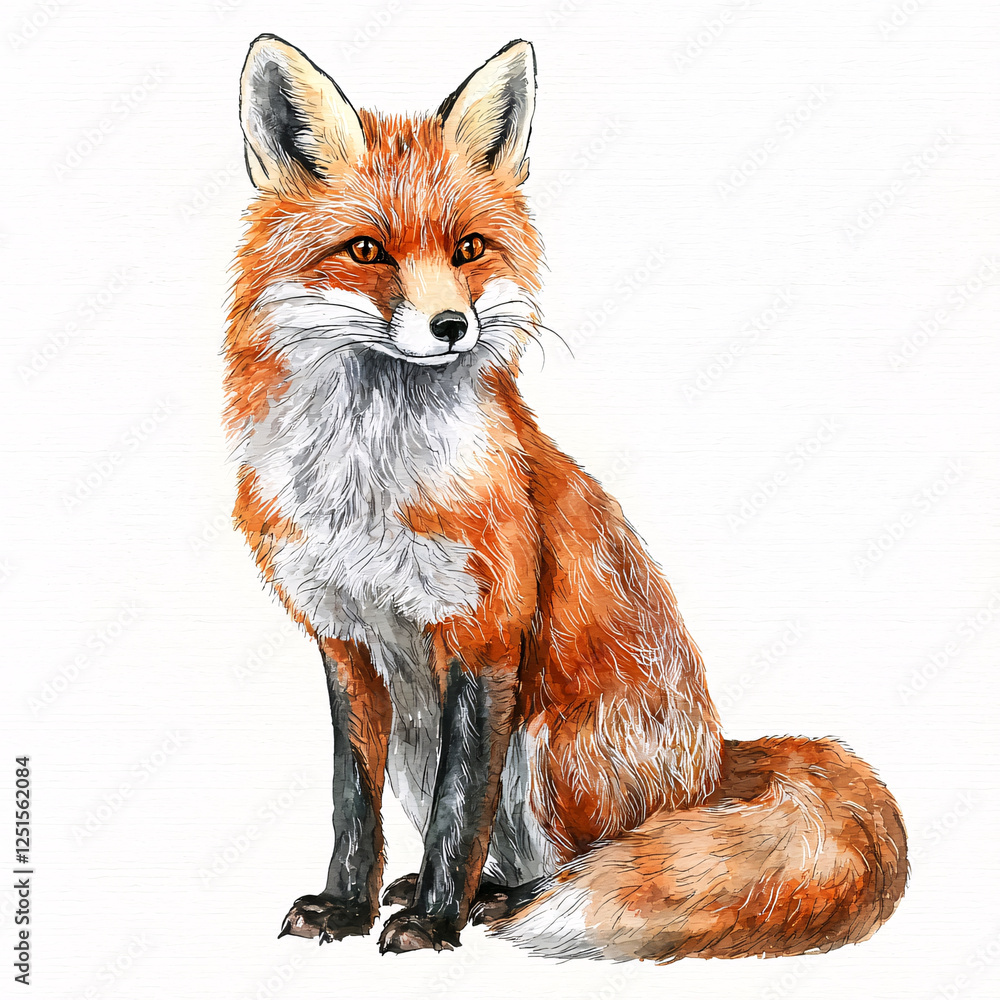 Fototapeta premium Watercolor painting of a red fox sitting elegantly, showcasing its vibrant fur and alert expression against a plain backdrop.