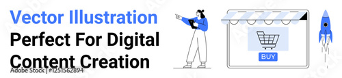 Person pointing at online storefront with a shopping cart icon, buy button, and launched rocket. Ideal for e-commerce, marketing, entrepreneurship, innovation, digital strategy, startups flat