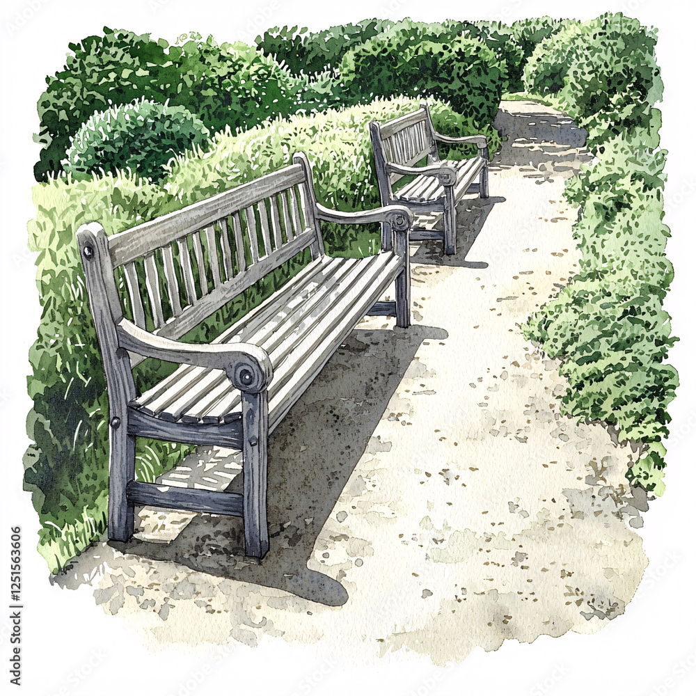 Watercolor painting depicts two park benches along a sunny path bordered by green shrubs. Watercolor painting depicts two park benches along a sunny path bordered by green shrubs.