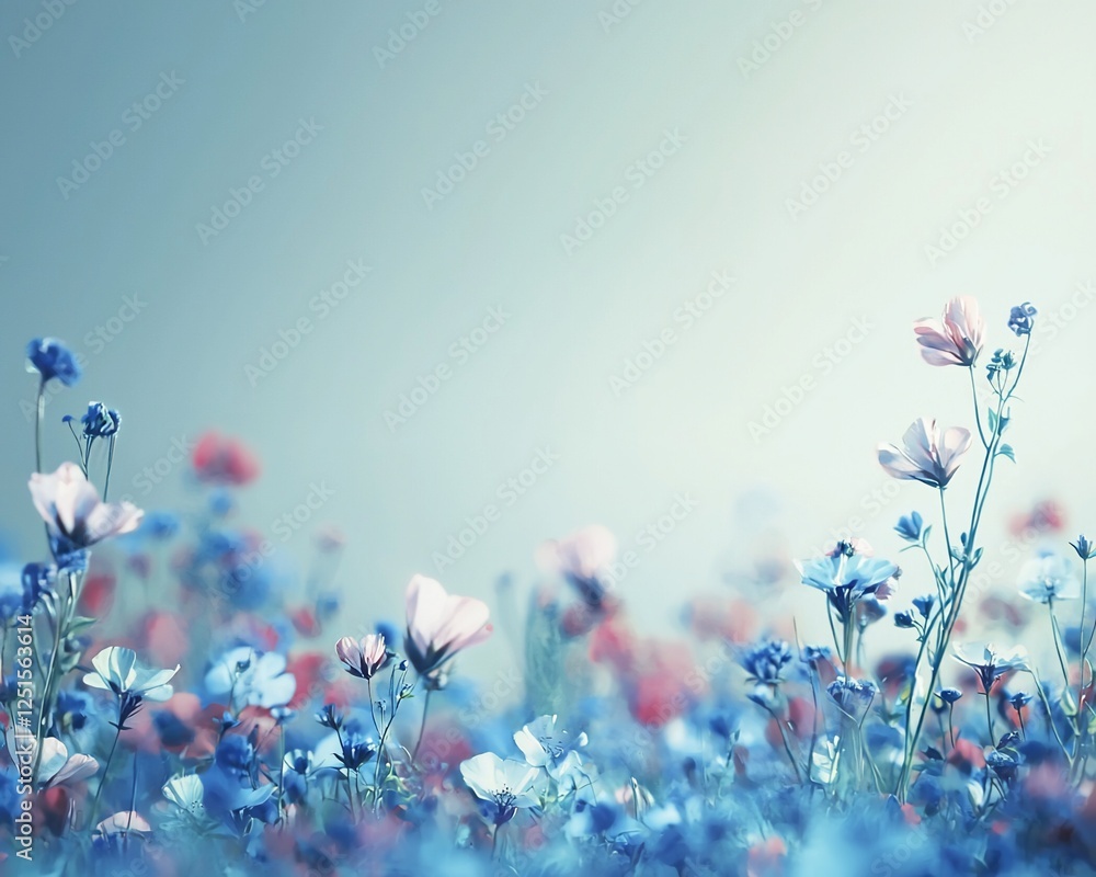 Obraz premium Pastel flowers field, soft light, serene landscape, nature backdrop, perfect for print or digital use