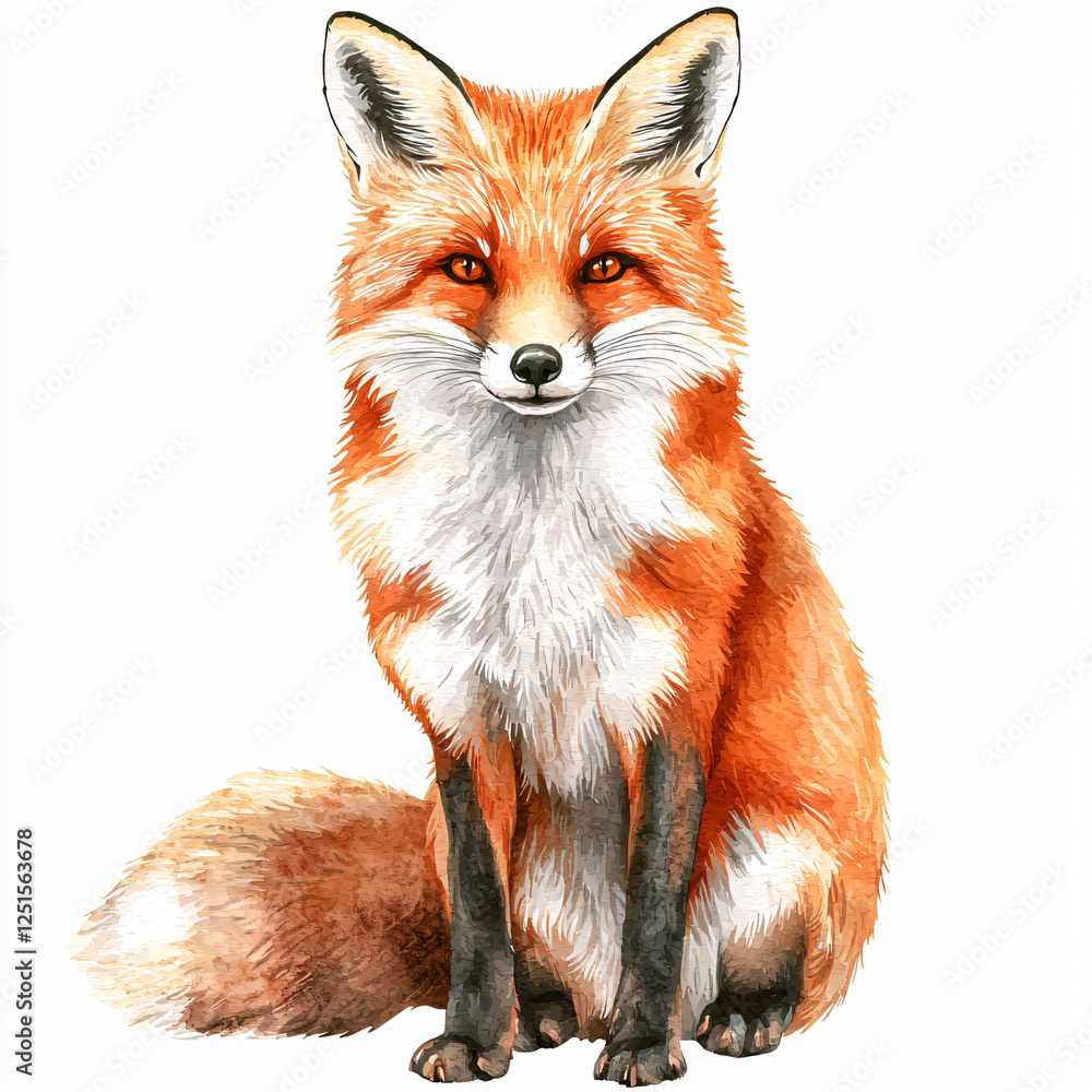 Fototapeta premium Watercolor illustration of a red fox with a white chest, sitting upright and looking forward, isolated on white.