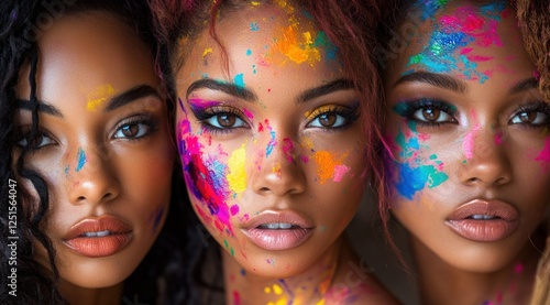 Vibrant Portraits of Three Beautiful Black Women with Colorful Paint Splashes on Their Faces