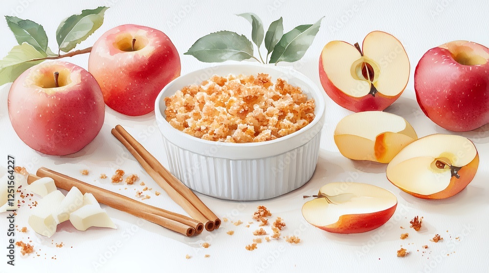 Apple Crumble Dessert In White Bowl With Cinnamon Sticks Apple Crumble Dessert In White Bowl With Cinnamon Sticks