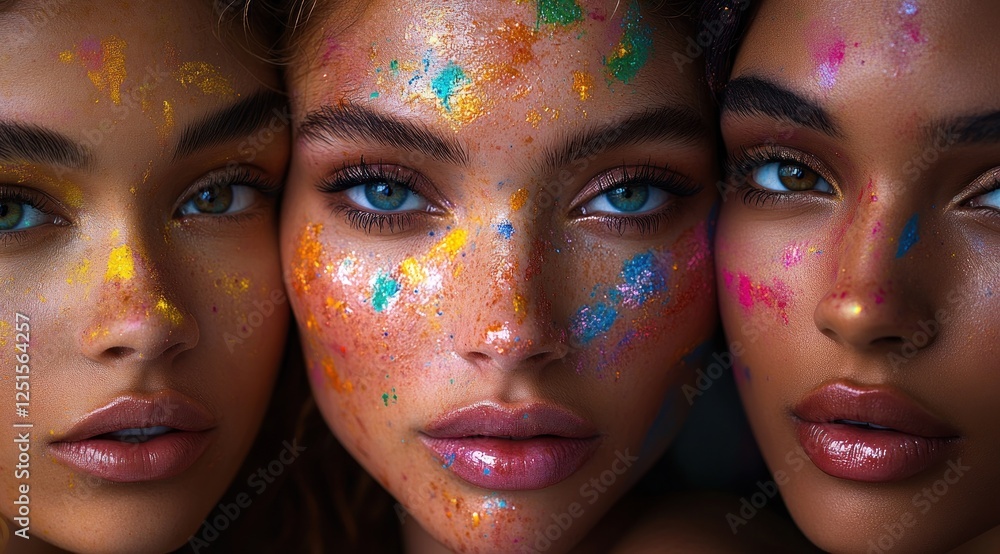 Obraz premium Vibrant Faces: A Colorful Portrait of Three Women