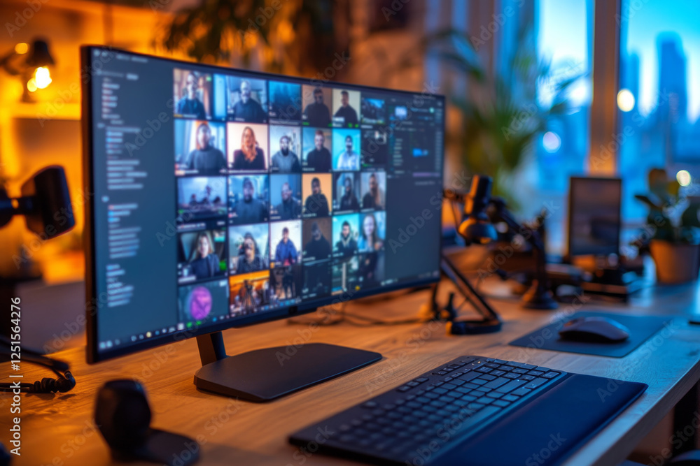 Fototapeta premium Wide computer screen showing video conference with work colleagues, keyboard and mouse on desk in modern office in the evening