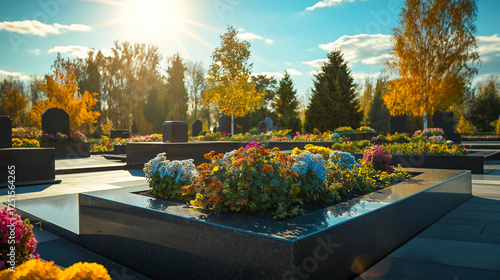 Slavic serene cemetery with polished granite tombstones, vibrant flowers, and autumn trees under a golden sunset. Peaceful memorial place with a tranquil atmosphere.