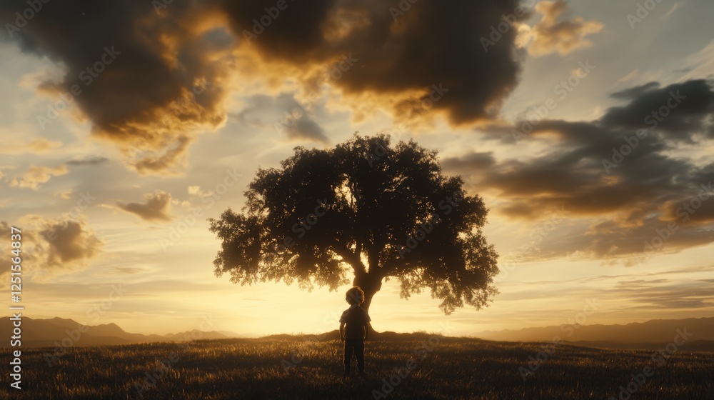 Fototapeta premium Child Standing Near Tree at Sunset on Open Field with Cloudy Sky in a Golden Light.