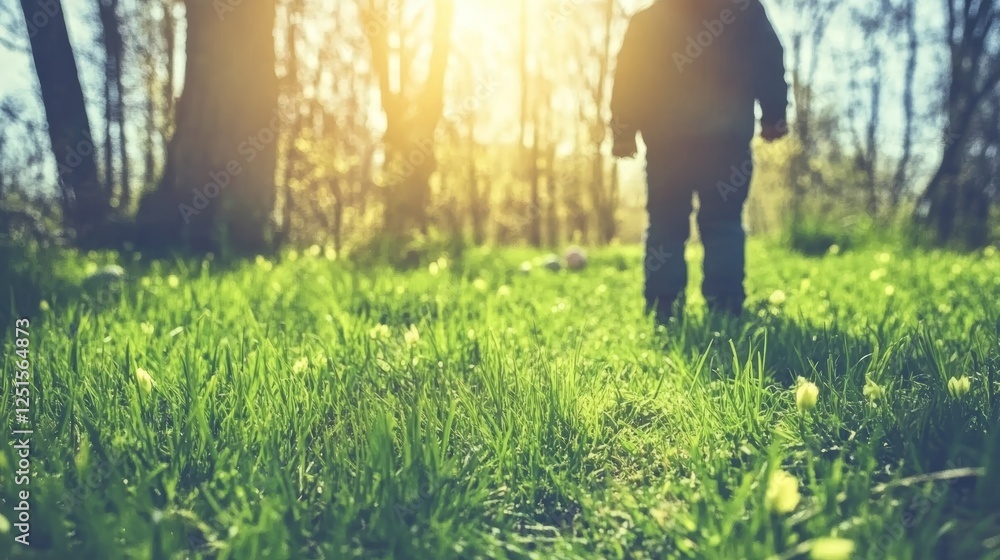 Child Stands In Sunny Forest Meadow Path Of Green Grass And Yellow Flowers With Trees. Child Stands In Sunny Forest Meadow Path Of Green Grass And Yellow Flowers With Trees.