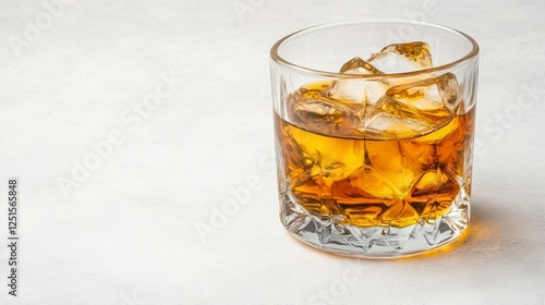 Golden Amber Whiskey in Rocks Glass with Ice on Gray Background
