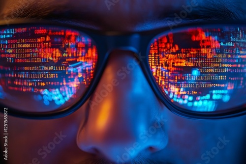 Wallpaper Mural Close-up of programmer wearing glasses reflecting colorful computer code, suggesting late-night coding session Torontodigital.ca