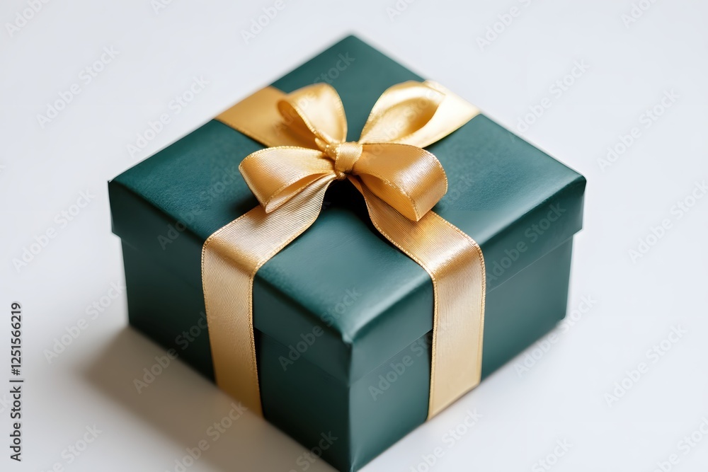 Fototapeta premium Elegant green gift box with golden ribbon and bow on a clean white background studio shot