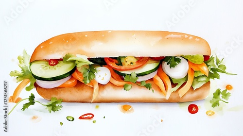 Colorful Watercolor Style Banh Mi Sandwich Illustration photo